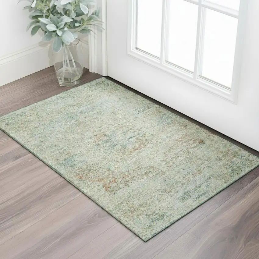 Sage Blue And Copper Floral Medallion Washable Area Rug With UV Protection Photo 2