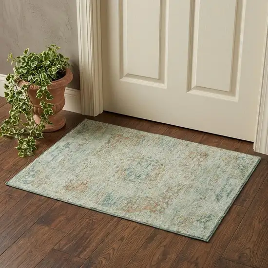 Sage Blue And Copper Floral Medallion Washable Area Rug With UV Protection Photo 1