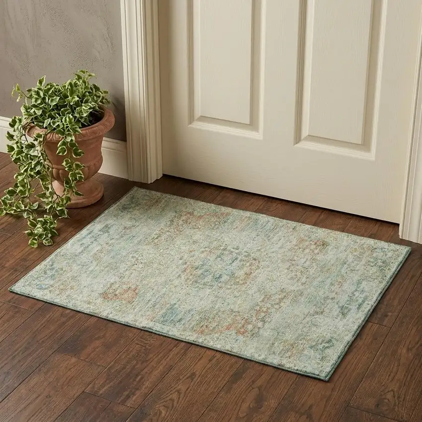 Sage Blue And Copper Floral Medallion Washable Area Rug With UV Protection Photo 1