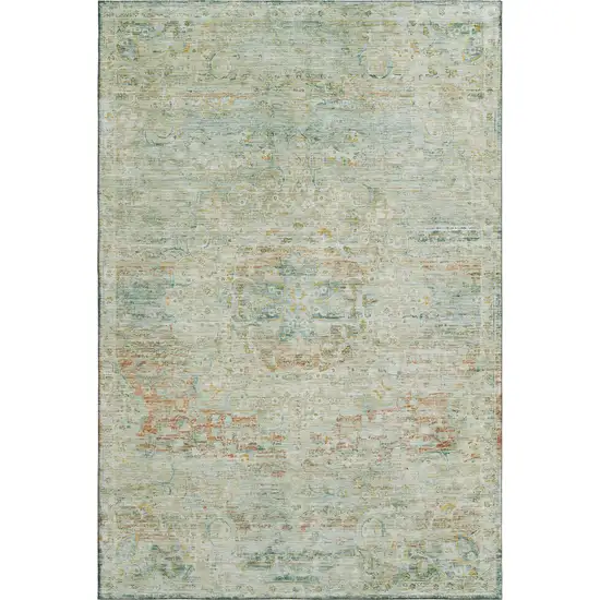 Sage Blue And Copper Floral Medallion Washable Area Rug With UV Protection Photo 1