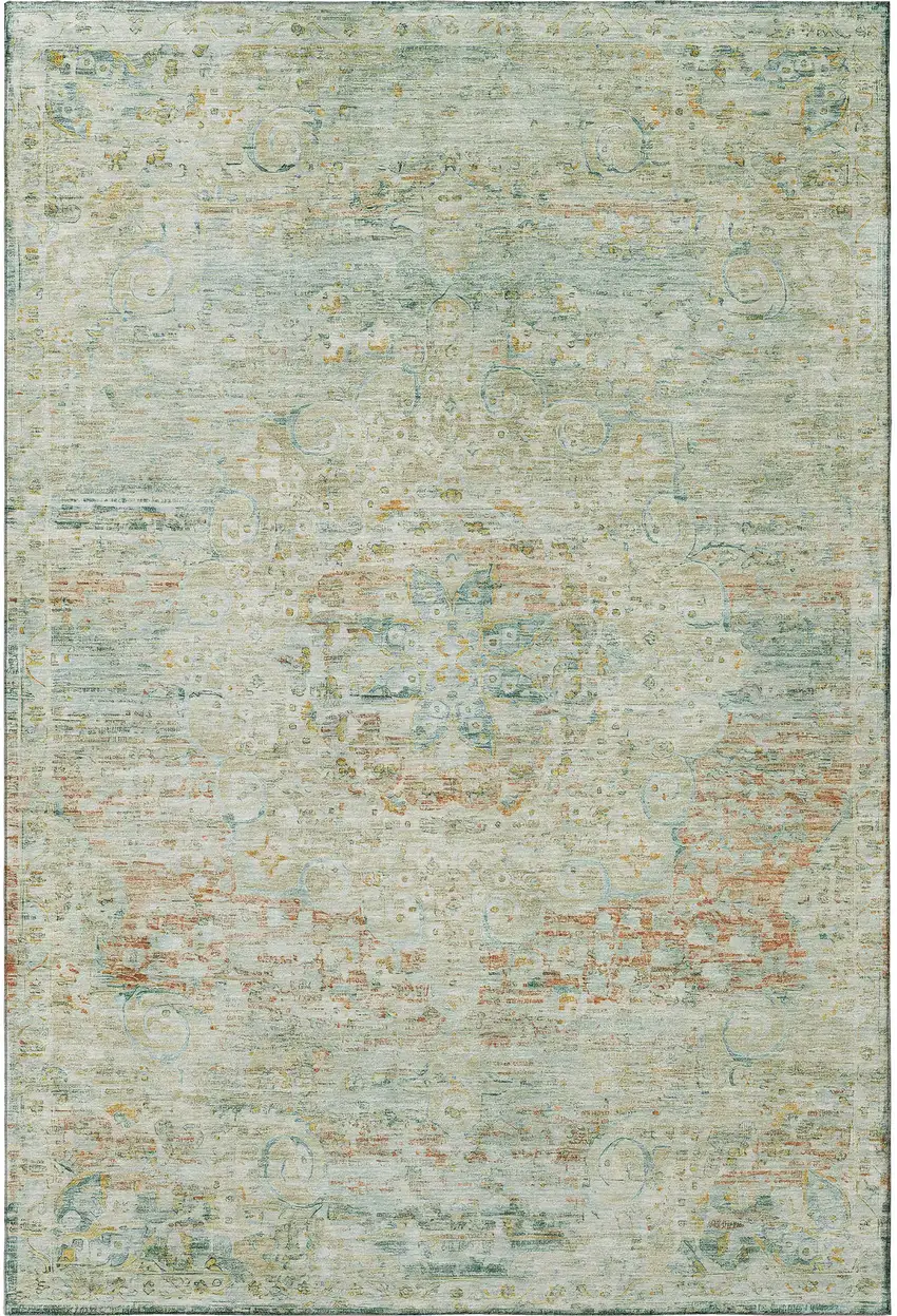 Sage Blue And Copper Floral Medallion Washable Area Rug With UV Protection Photo 3
