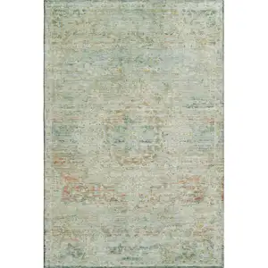 Photo of Sage Blue And Copper Floral Medallion Washable Area Rug With UV Protection