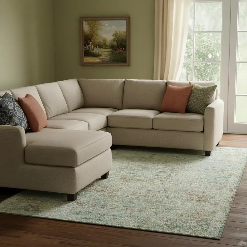 Sage Blue And Copper Floral Medallion Washable Area Rug With UV Protection Photo 2