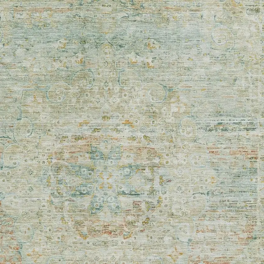 Sage Blue And Copper Floral Medallion Washable Area Rug With UV Protection Photo 2