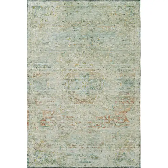 Sage Blue And Copper Floral Medallion Washable Area Rug With UV Protection Photo 3