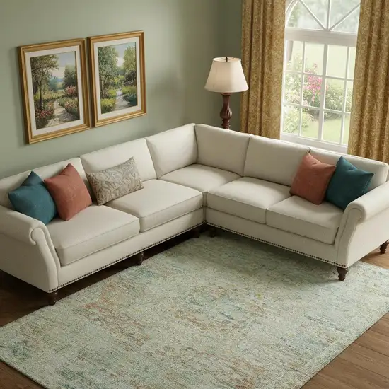 Sage Blue And Copper Floral Medallion Washable Area Rug With UV Protection Photo 2