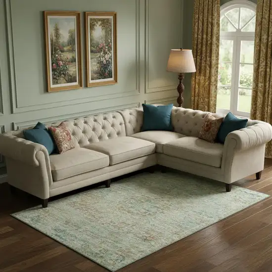 Sage Blue And Copper Floral Medallion Washable Area Rug With UV Protection Photo 2