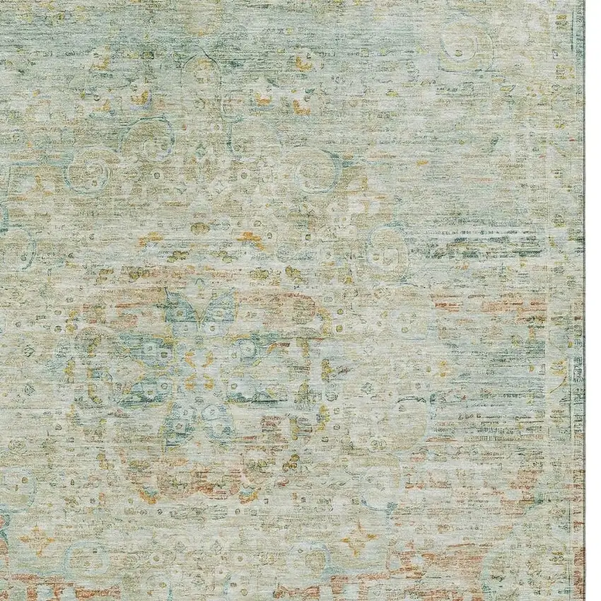 Sage Blue And Copper Floral Medallion Washable Area Rug With UV Protection Photo 2