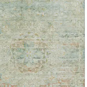 Photo of Sage Blue And Copper Floral Medallion Washable Area Rug With UV Protection