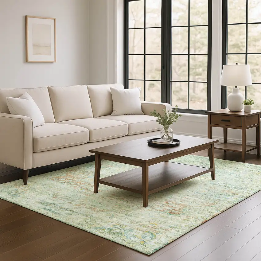 Sage Blue And Copper Floral Medallion Washable Area Rug With UV Protection Photo 4