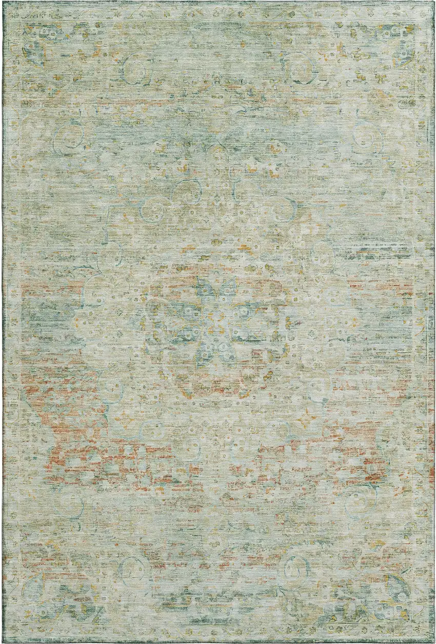 Sage Blue And Copper Floral Medallion Washable Area Rug With UV Protection Photo 1