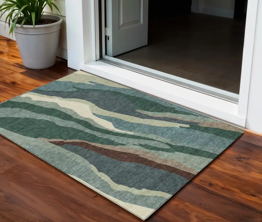 Sage Brown And Beige Abstract Washable Indoor Outdoor Area Rug Photo 1