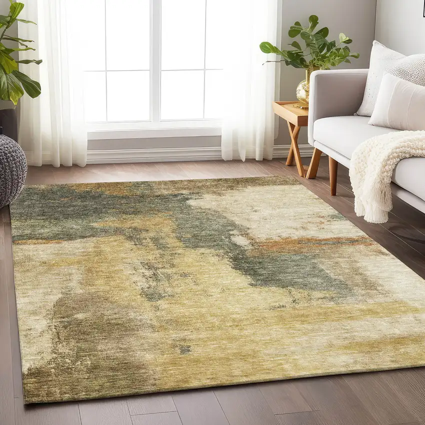 Sage Brown And Beige Abstract Washable Indoor Outdoor Area Rug Photo 8