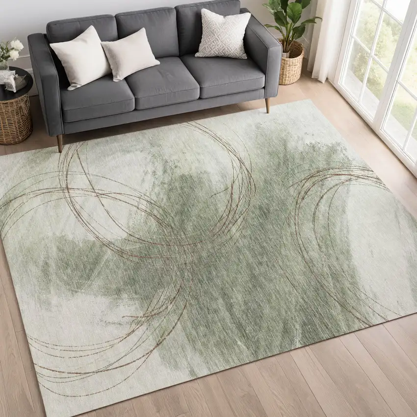 Sage Brown And Ivory Abstract Washable Indoor Outdoor Area Rug Photo 3
