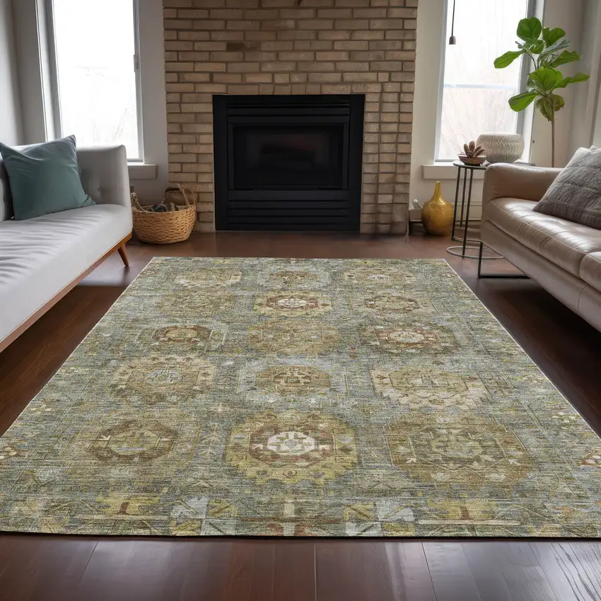 Sage Brown And Taupe Medallion Washable Indoor Outdoor Area Rug Photo 7