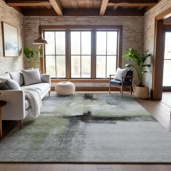 Sage Charcoal And Ivory Abstract Washable Area Rug With UV Protection Photo 4