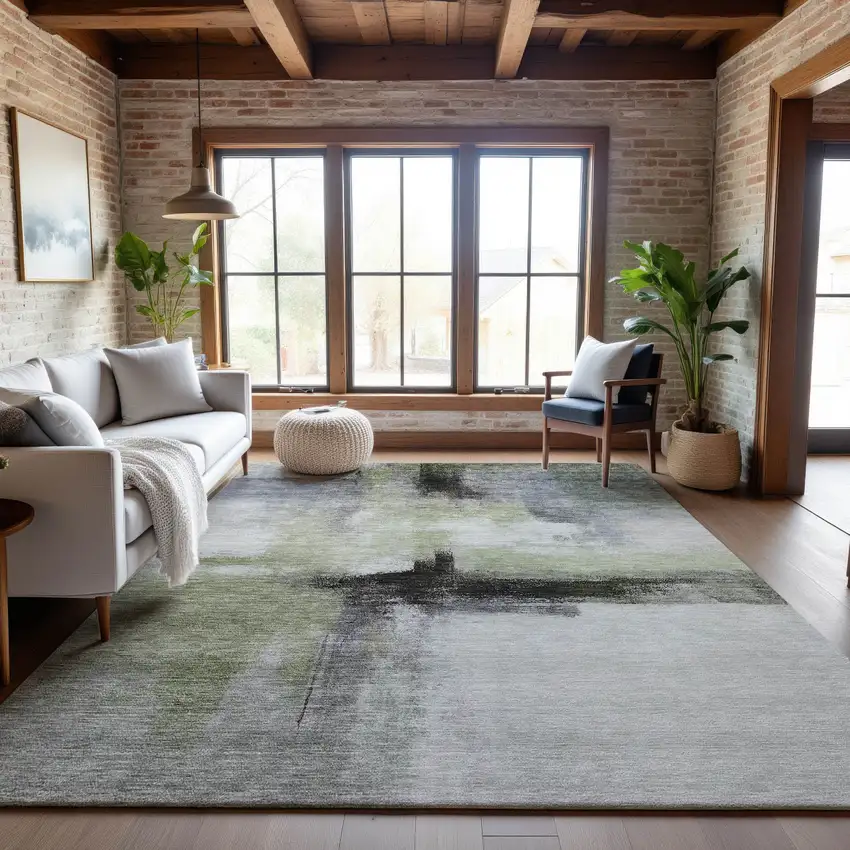 Sage Charcoal And Ivory Abstract Washable Area Rug With UV Protection Photo 4