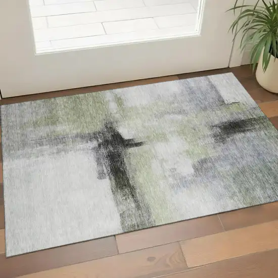 Sage Charcoal And Ivory Abstract Washable Area Rug With UV Protection Photo 1