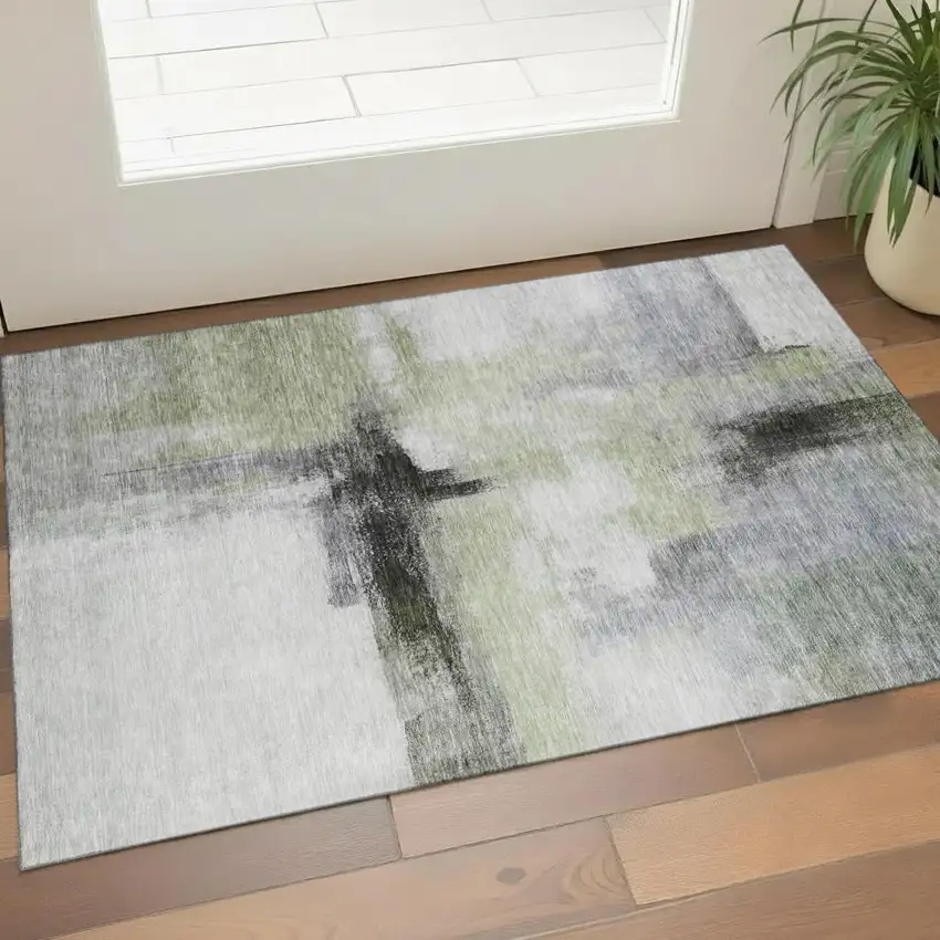 Sage Charcoal And Ivory Abstract Washable Area Rug With UV Protection Photo 1