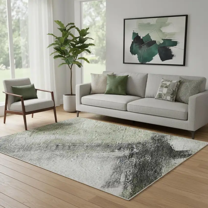 Sage Charcoal And Ivory Abstract Washable Area Rug With UV Protection Photo 2