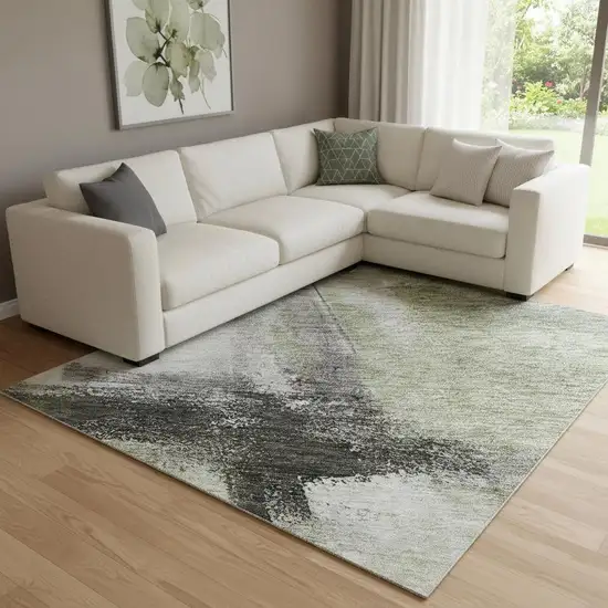 Sage Charcoal And Ivory Abstract Washable Area Rug With UV Protection Photo 2