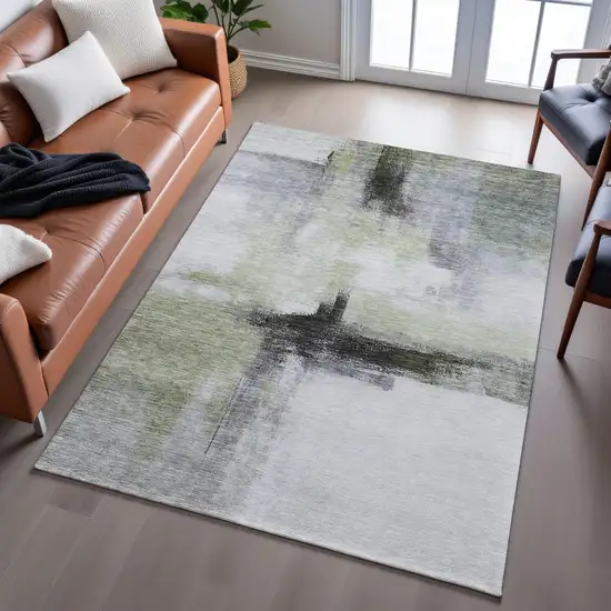 Sage Charcoal And Ivory Abstract Washable Area Rug With UV Protection Photo 5