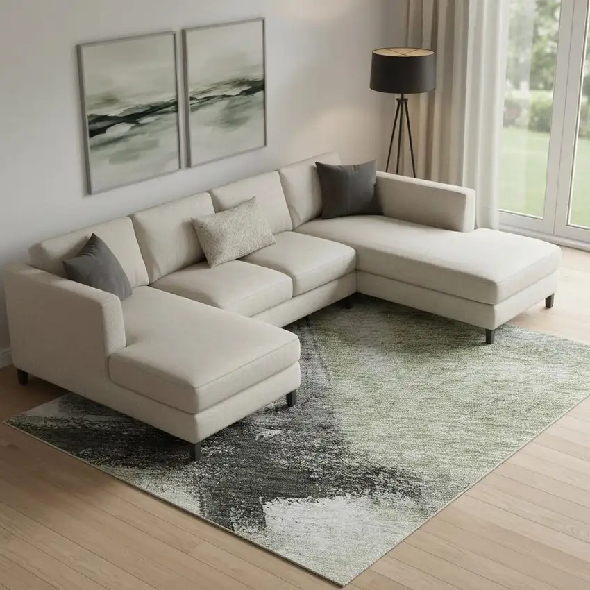 Sage Charcoal And Ivory Abstract Washable Area Rug With UV Protection Photo 2