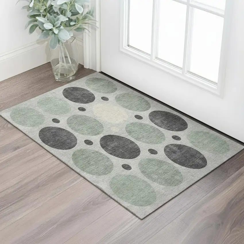 Sage Charcoal And Ivory Geometric Washable Area Rug With UV Protection Photo 2