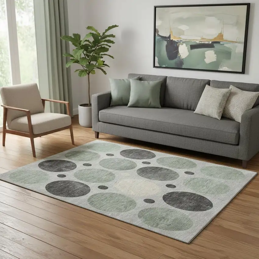 Sage Charcoal And Ivory Geometric Washable Area Rug With UV Protection Photo 2