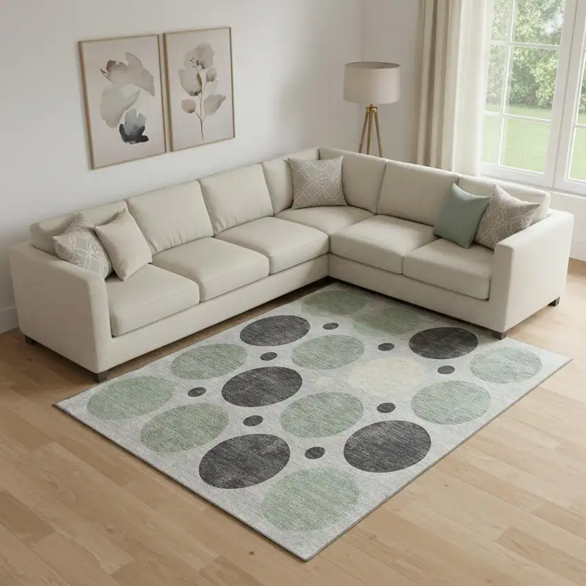 Sage Charcoal And Ivory Geometric Washable Area Rug With UV Protection Photo 2