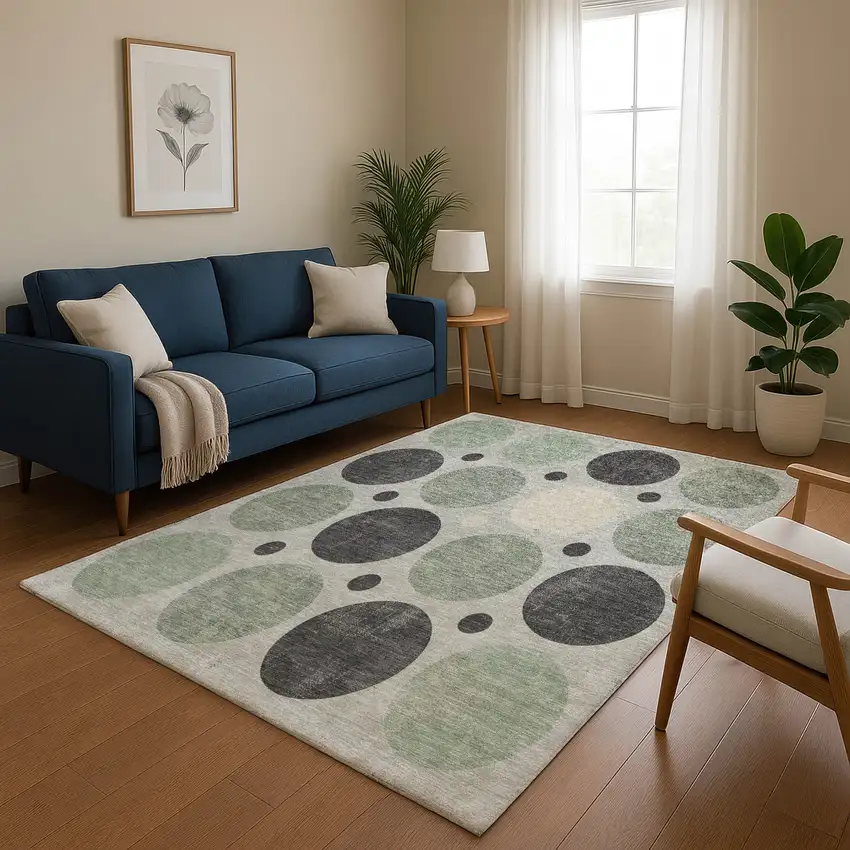 Sage Charcoal And Ivory Geometric Washable Area Rug With UV Protection Photo 5
