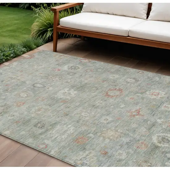 Sage Copper And Ivory Damask Washable Indoor Outdoor Area Rug Photo 2