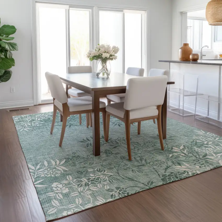 Sage Fern Green And Ivory Floral Washable Indoor Outdoor Area Rug Photo 9