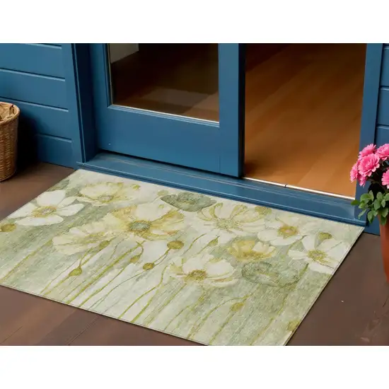 Sage Fern Green And Ivory Floral Washable Indoor Outdoor Area Rug Photo 1