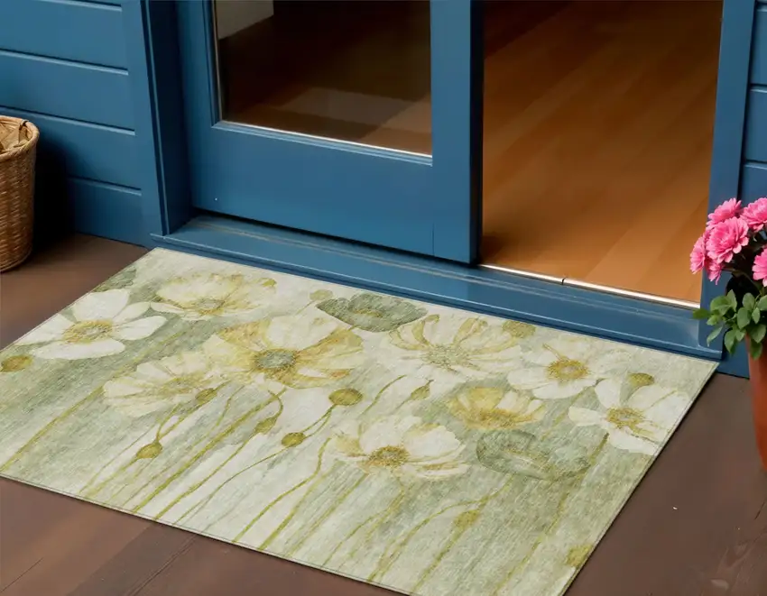 Sage Fern Green And Ivory Floral Washable Indoor Outdoor Area Rug Photo 1