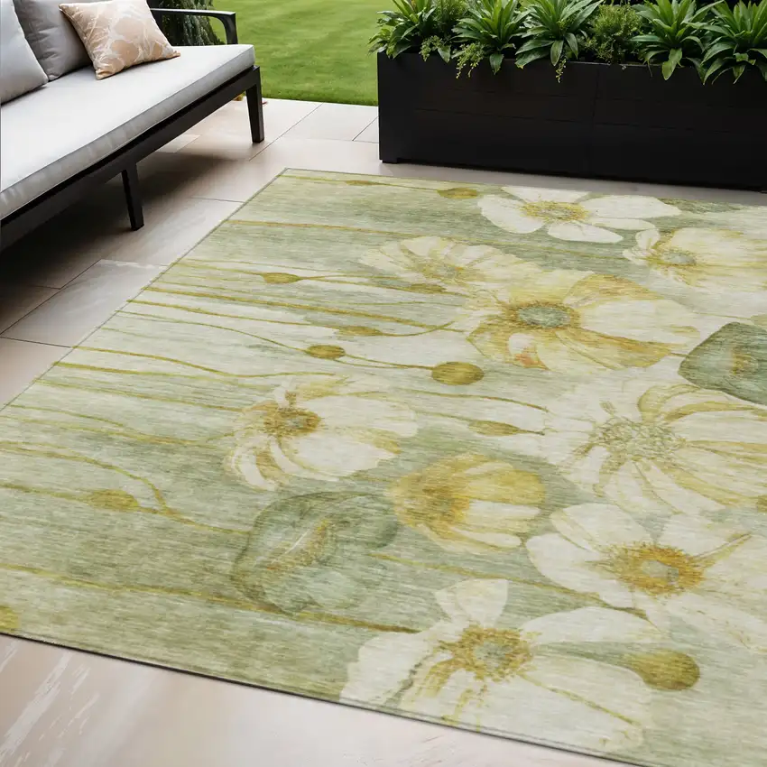 Sage Fern Green And Ivory Floral Washable Indoor Outdoor Area Rug Photo 1