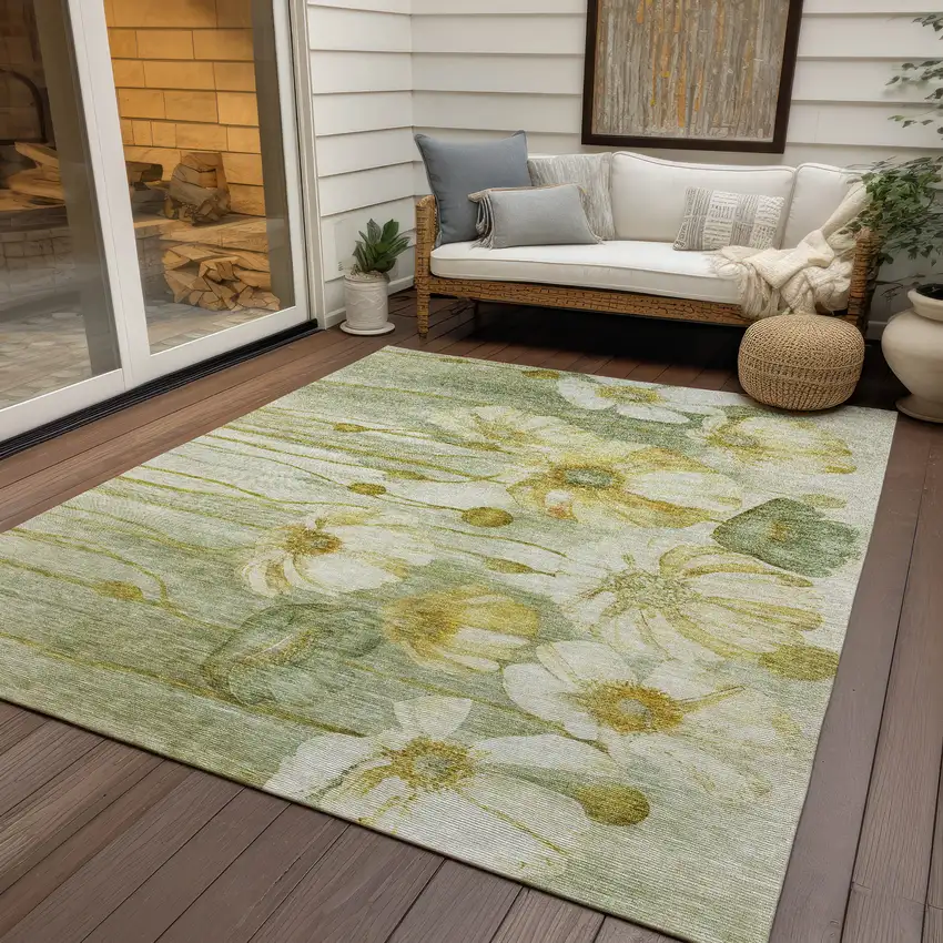 Sage Fern Green And Ivory Floral Washable Indoor Outdoor Area Rug Photo 7