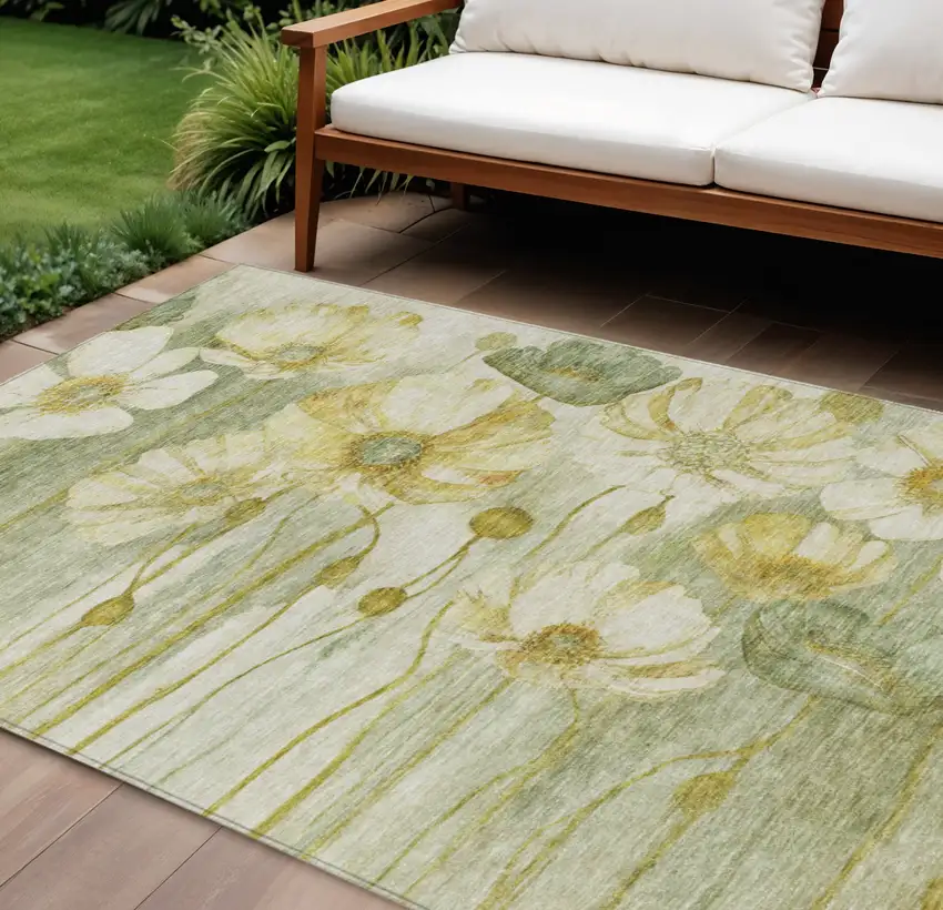 Sage Fern Green And Ivory Floral Washable Indoor Outdoor Area Rug Photo 1