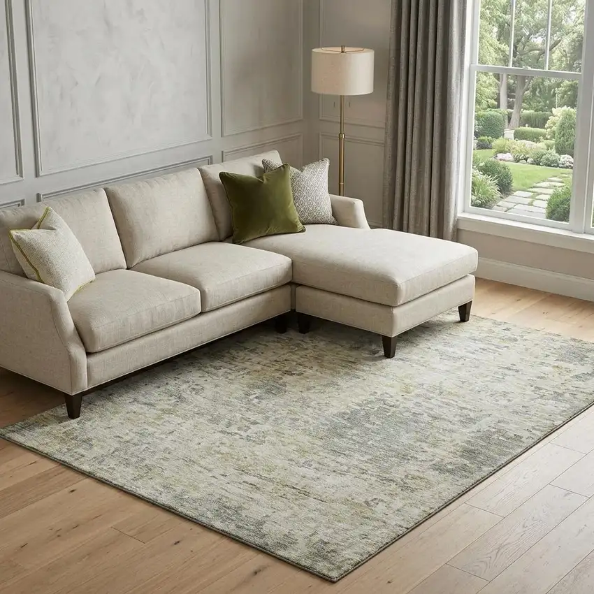 Sage Gold And Beige Abstract Washable Area Rug With UV Protection Photo 1