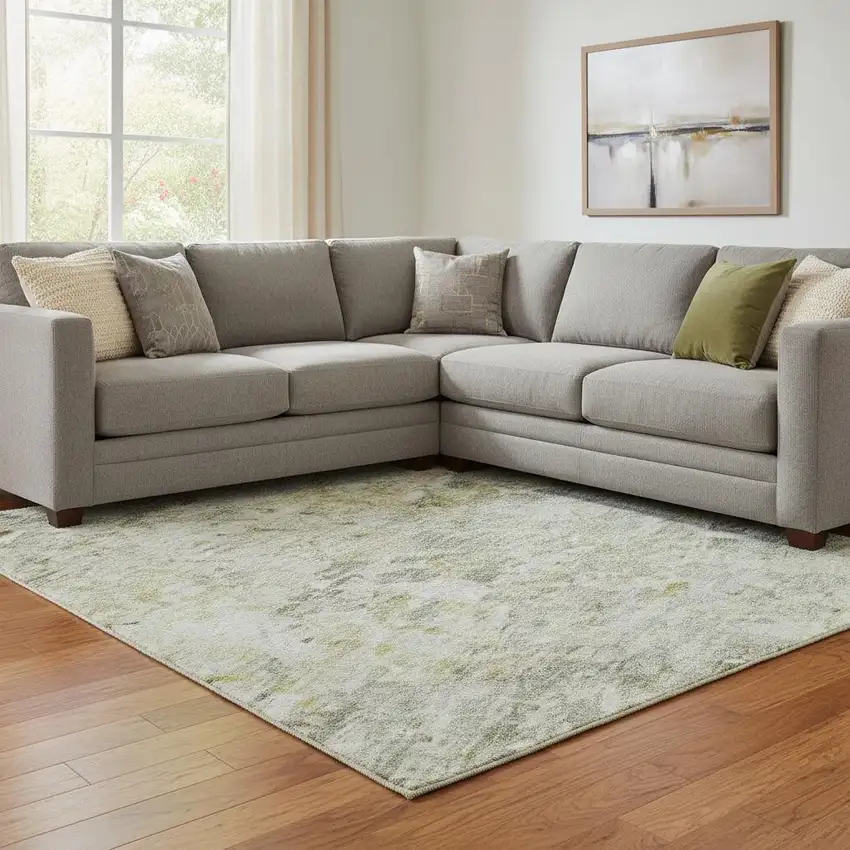 Sage Gold And Beige Abstract Washable Area Rug With UV Protection Photo 2