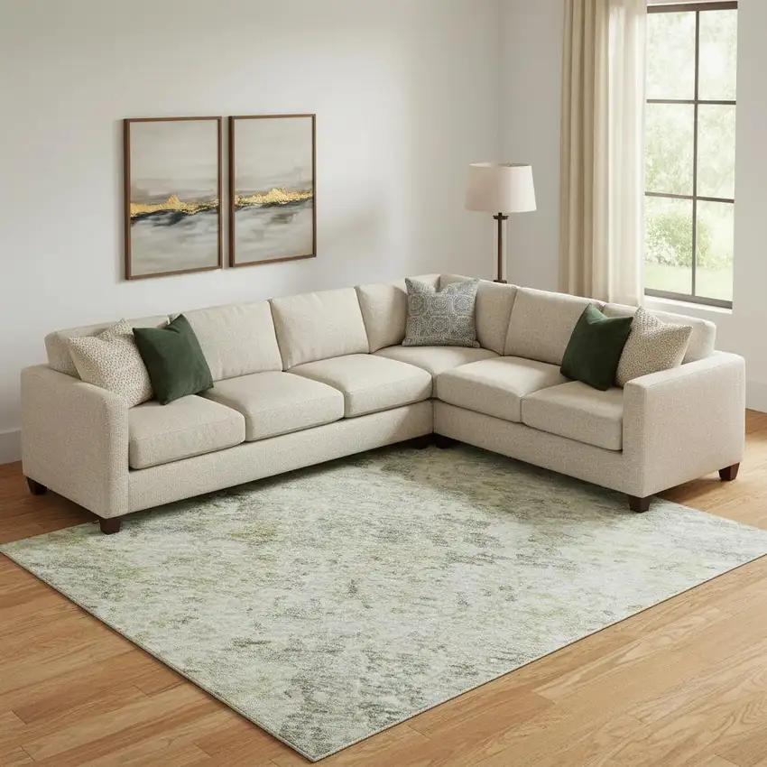 Sage Gold And Beige Abstract Washable Area Rug With UV Protection Photo 2