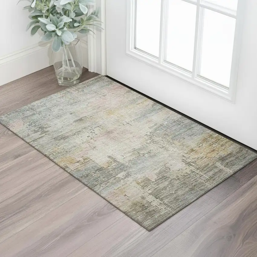 Sage Gold And Beige Abstract Washable Area Rug With UV Protection Photo 2