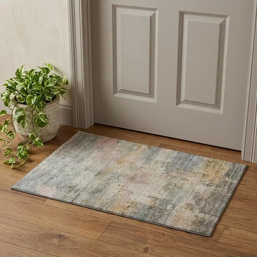 Sage Gold And Beige Abstract Washable Area Rug With UV Protection Photo 1