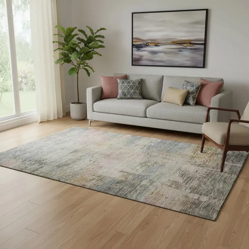 Sage Gold And Beige Abstract Washable Area Rug With UV Protection Photo 2