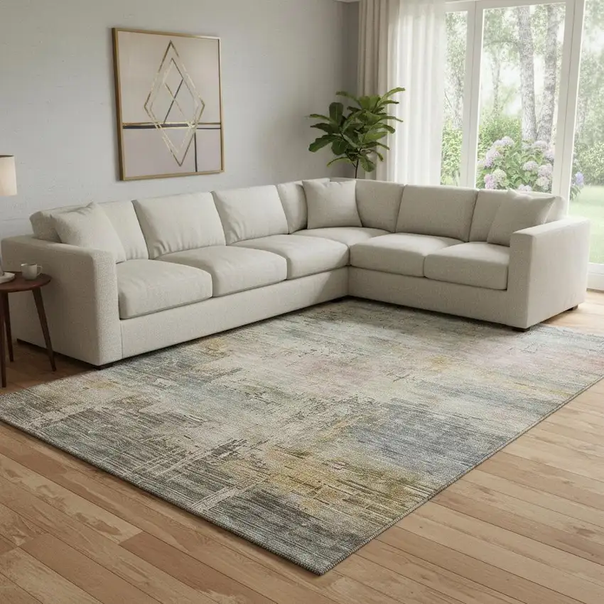 Sage Gold And Beige Abstract Washable Area Rug With UV Protection Photo 2