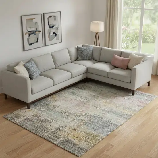 Sage Gold And Beige Abstract Washable Area Rug With UV Protection Photo 2