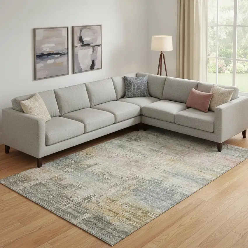 Sage Gold And Beige Abstract Washable Area Rug With UV Protection Photo 2