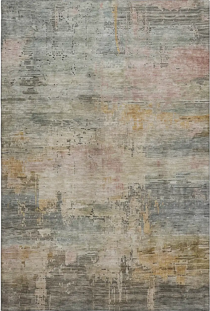 Sage Gold And Beige Abstract Washable Area Rug With UV Protection Photo 1