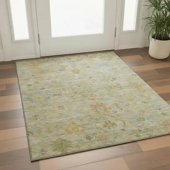 Sage Gold And Blue Floral Washable Area Rug With UV Protection Photo 2