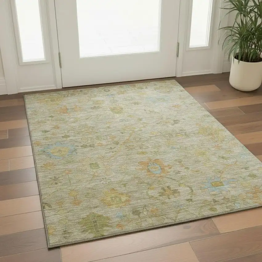 Sage Gold And Blue Floral Washable Area Rug With UV Protection Photo 2